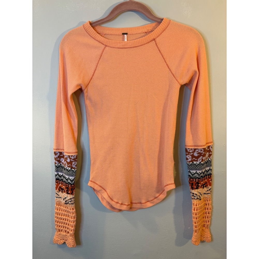 Free People Peach Thermal Crocheted Cuffs XS Long Sleeve Waffle Knit